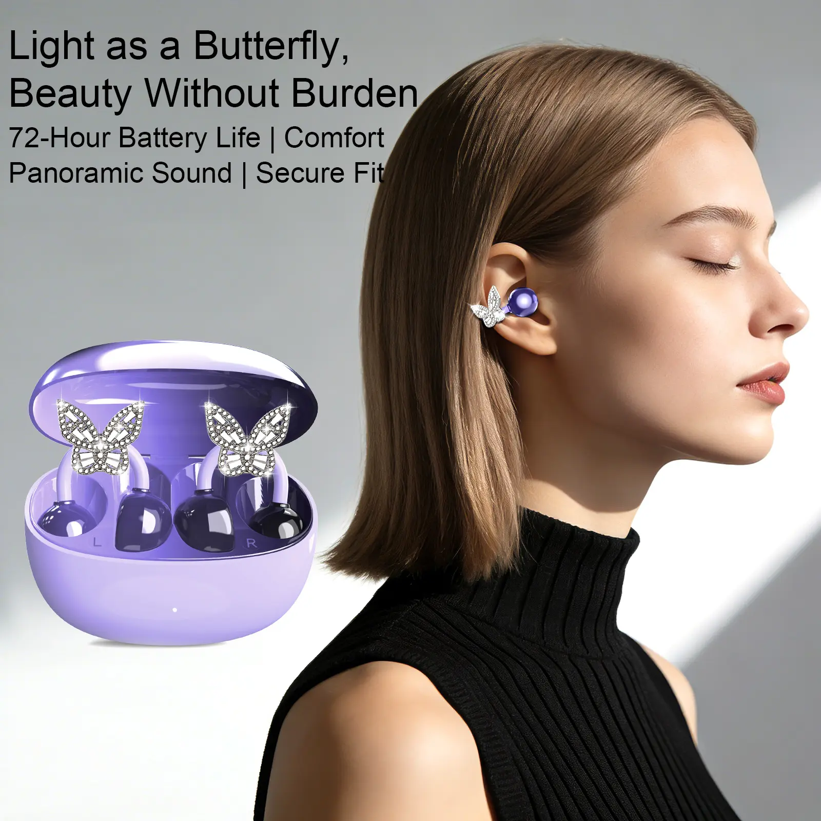 Premium Clip-On Earbuds for Women, Cute Leather-Style Fashion Headphones, Open Ear Comfortable Fit, Bluetooth 6.0, LED Display Case, Lightweight Sport & Travel Earbuds, Perfect Aesthetic Gift for Girls