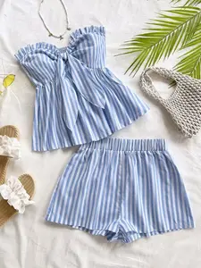Women's 2-Piece Blue Striped Ruffled Crop Top and Casual Stripe Shorts Set, Stylish Summer, Comfortable and Trendy, Perfect for Daily Wear