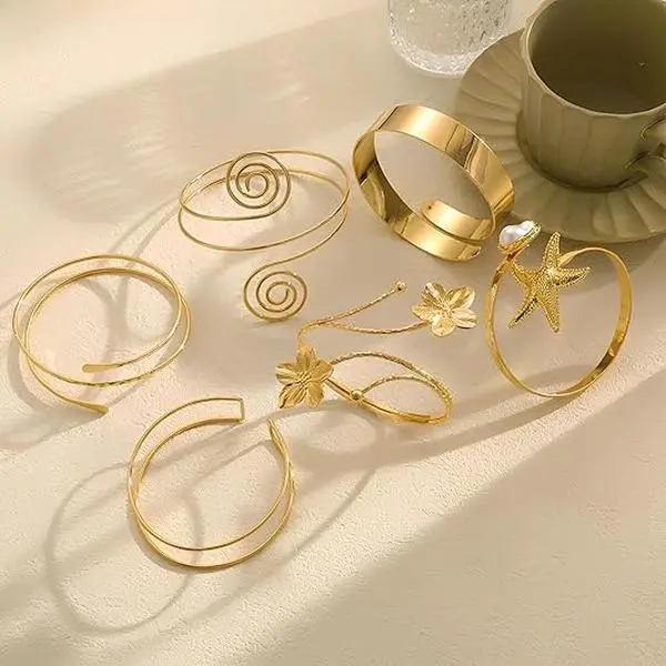 6PCS Gold Arm Cuff Bracelets for Women–Boho Statement Gold Upper Arm Bangle Band Armlet, Open Adjustable Cuff Bracelet Set, Stackable Jewelry – Fashion Ethnic Tribal Armbands for Upper Arm, Wrist, or Ankle – Perfect for Festival, Party, Beach