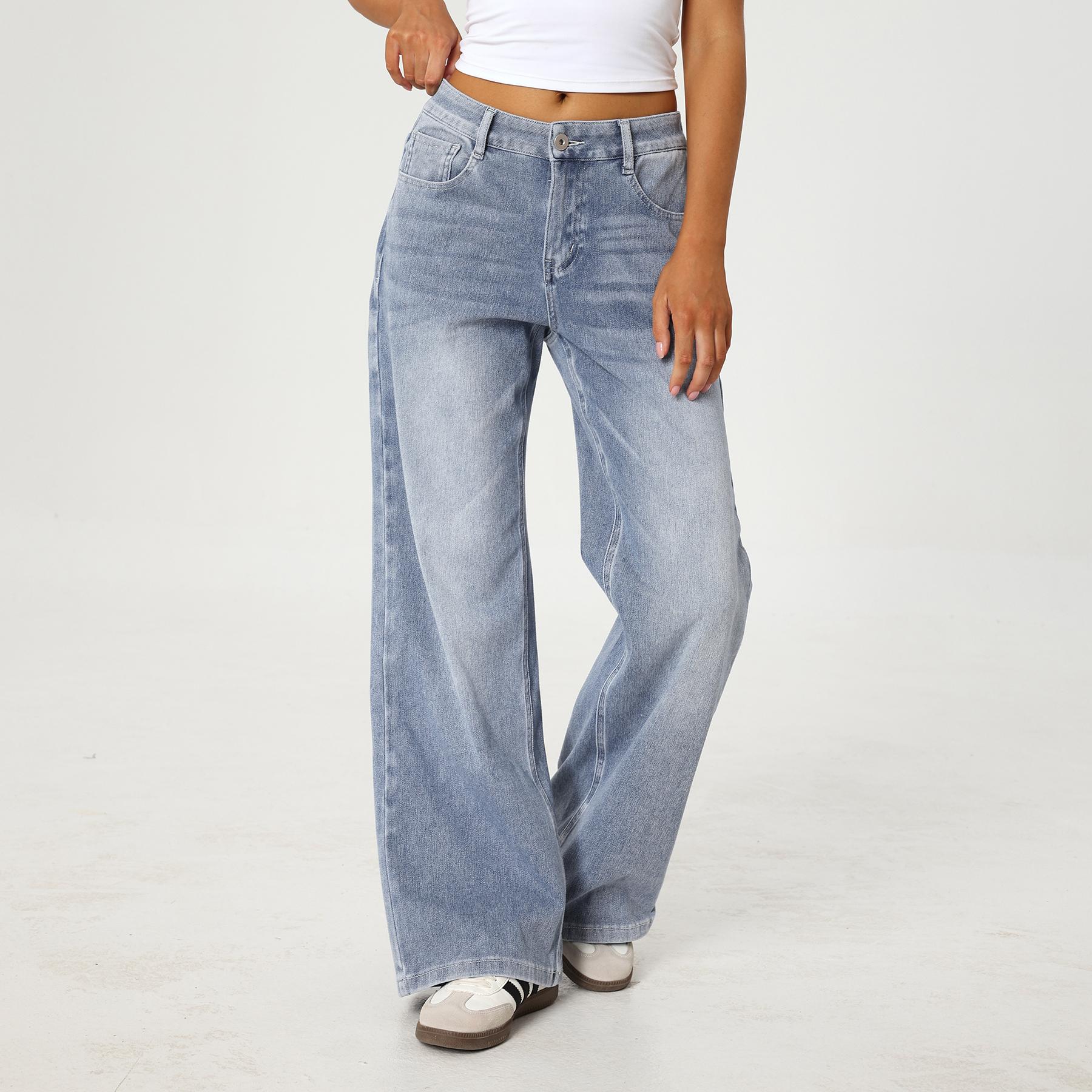 KatchMe Women's Leisure Low-Rise Stretch Multi-Pocket Wide Leg Jeans, Versatile Women's Bottom for Daily Wear Outdoor, Street Trousers, Cozy Womenswear(CN)