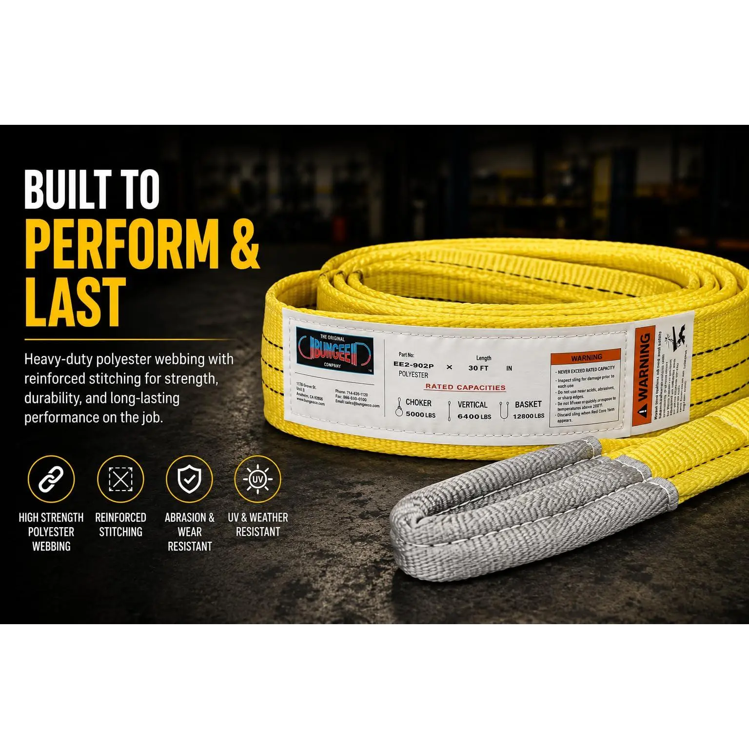 EE2-902 Polyester Eye & Eye Lifting Sling, 2-Ply Web Sling, 6,400 lb Vertical, 5,000 lb Choker, 12,800 lb Basket, Made in USA