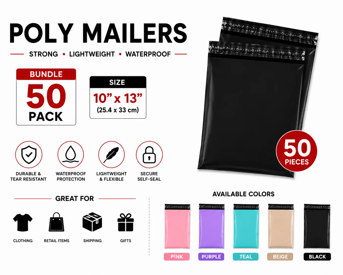 50 Pack 10x13 Poly Mailer Shipping Bags – Waterproof Self-Seal Mailing Envelopes, Lightweight & Tear Resistant