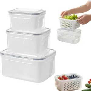 3-Piece Large Capacity Fruit Storage Box Set, Detachable Draining Basket, Dishwasher Safe, Extend Freshness of Berries, Fruits, Vegetables