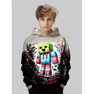 Kids Pixel Art Hoodie, Colorblock Streetwear Top, Game Culture & Sports Blend, Fitted Long Sleeve, Casual Fall&winter Wear, Graphic Casual Hoodie