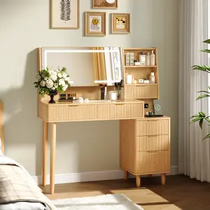 Vanity Desk with Mirror and Lights,Fluted Makeup Vanity with Storage Drawers & Power Outlet,Modern Wooden Boho Vanity Dressing Table vanity  set corner vanity desk bedroom dressing room red  vanity extra large touch control affordable  vanity