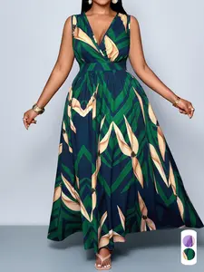 Summer Elegant Casual Plant Print Women's Dress, Plus Size Deep V Neck High Waist Long Maxi Dress, Fashionable for Travel and Leisure