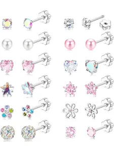 12/14Pairs Flat Back Earrings Stud Earrings for Women Girls Kids Steel Hypoallergenic Pearl Flower Heart CZ Cute Pink Earring Set Screw Back Sleeper Earring 20G