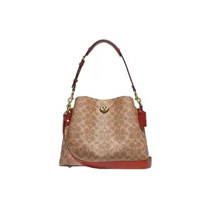 COACH Willow 32 Classic Monogram Coated Canvas and Leather Tote Bag for Women in Tan and Rust
