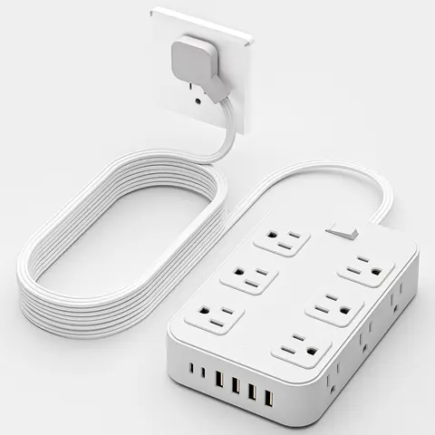 Compact Socket Saver Wall Outlet Extender - Rectangular Modern Shell Power Strip, 5Ft/10Ft Flat Extension Cable, 12 AC Outlets, 6 Multi-Charge Ports (4 USB-A & 2 USB-C), Flat Plug Surge Protector, Heavy-Duty Wire for Gamers’ Man Cave Gadgets
