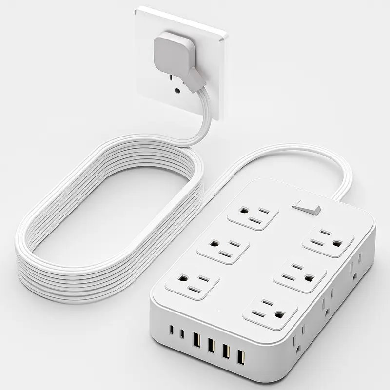Compact Socket Saver Wall Outlet Extender - Rectangular Modern Shell Power Strip, 5Ft/10Ft Flat Extension Cable, 12 AC Outlets, 6 Multi-Charge Ports (4 USB-A & 2 USB-C), Flat Plug Surge Protector, Heavy-Duty Wire for Gamers’ Man Cave Gadgets