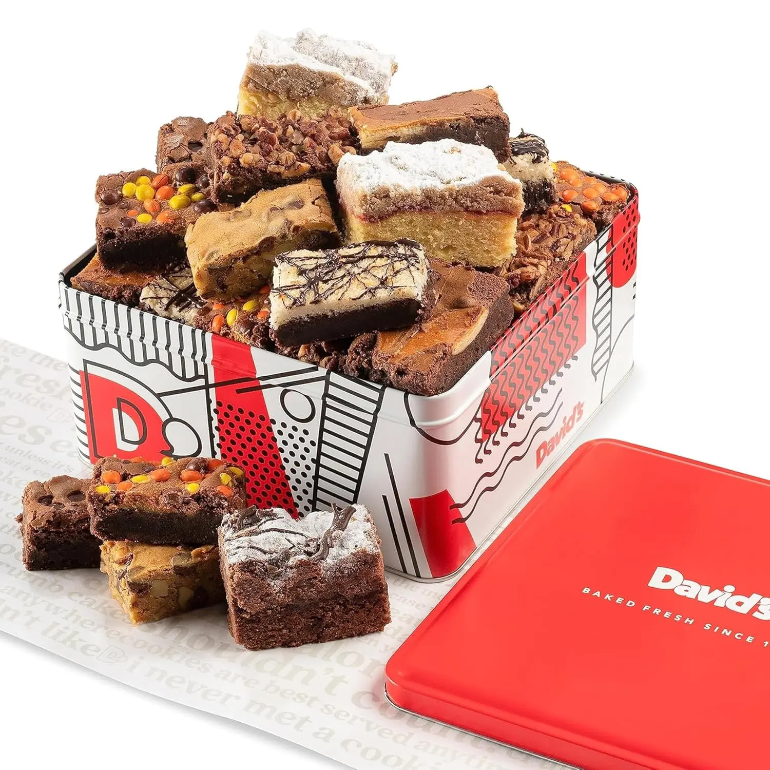 DAVID'S COOKIES 3lbs Fresh Baked Assorted Brownies & Crumb Cake Gift Tin - 16 Pcs Gourmet Chocolate Fudge Slices, Snack Cakes, Bakery Dessert Gift for Loved Ones