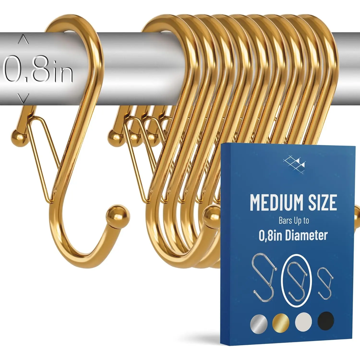 10-Pack Metal S Hooks for Hanging - Heavy-Duty S-Shaped Hook with Safety Buckle - Fits Bars up to 0.8 In - Anti-Drop S-Hooks for Kitchen, Bathroom, Closet & Pot Racks -  (Medium)
