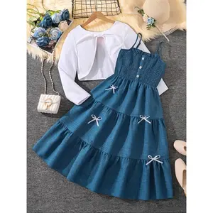 Girls' Blue Classic Color Block Long Sleeve Short Jacket Set with Bow Detail, Fashionable Summer, Casual Wear, Dresses