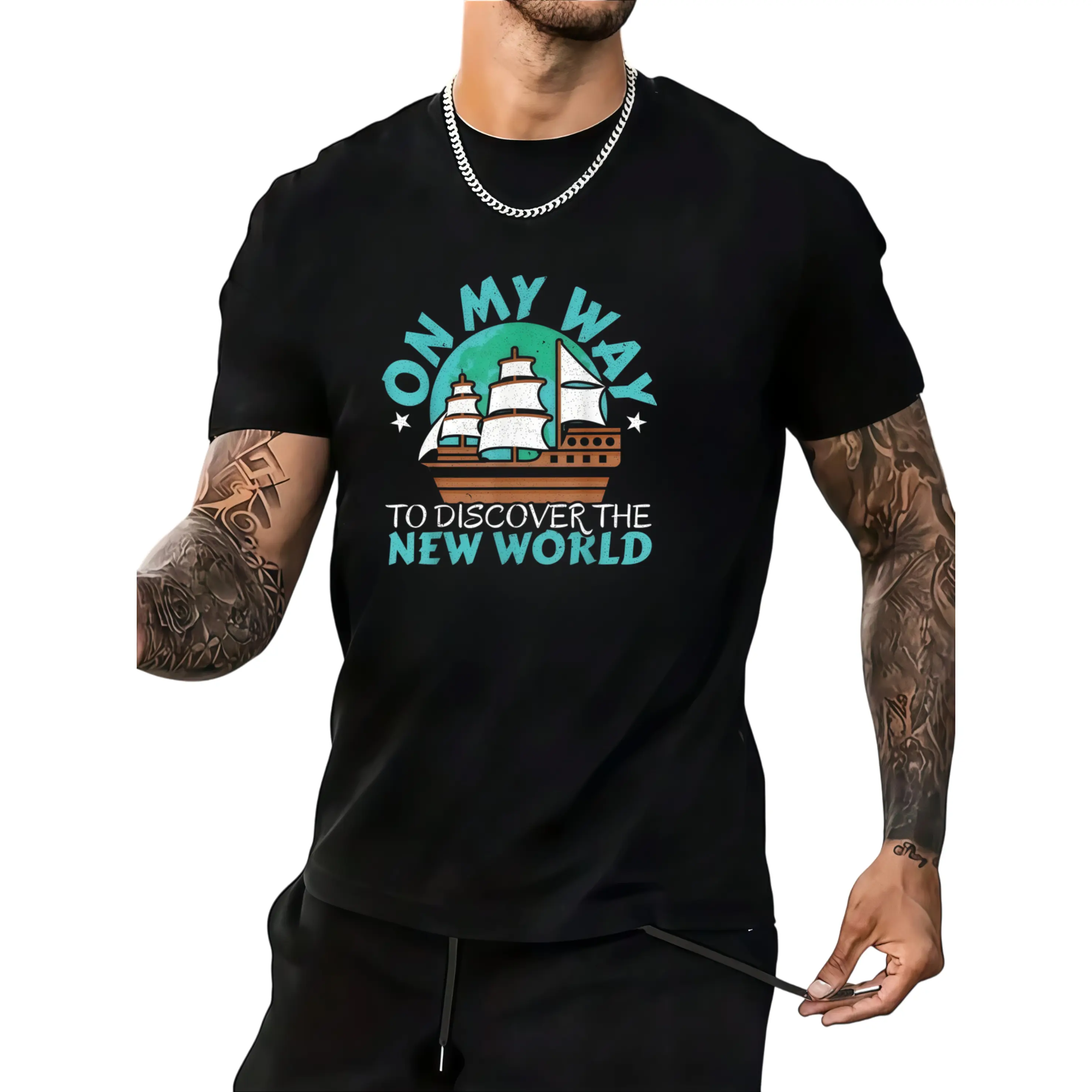 Men'S Black Nautical Sailing Ship & Voyage of Discovery Graphic T-Shirts Round Neck Short Sleeve Casual & Sportswear T-Shirts Suitable for Wear Machine Washable Durable Fabric for Round Neck Short Sleeve