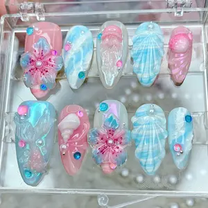 Fake Nails for Summer Beach | Mermaid Nails with 3D Shell & Pearls | Pastel Vacation Nails | Cute Ocean Press On Nails Set, Blue pink nails