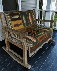 [Ship From US] Mountain Fish Woven Blanket – Rustic Cabin Lodge Throw, Western Folk Trout & Salmon Tapestry, Cozy Country Decor