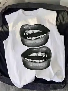 Vintage Y2K Drilled Tooth Dual Layer Lip Print Vest, Men's Loose Streetwear, Casual Sleeveless Graphic Top, Long Clothing