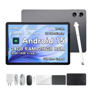 VQOBH 2026 Family 2-in-1 Android 15 Tablet 10.1” Large Screen 24GB(6GB+18GB) RAM 256GB Storage Keyboard Mouse Stylus Case Bundle for Kids Learning Home Use Gift - Streaming, Cellphone