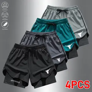 Men’s quick-dry athletic shorts set (4 pieces) — breathable shorts for summer workouts and running, featuring prints and drawstring design; a men’s fashion essential.