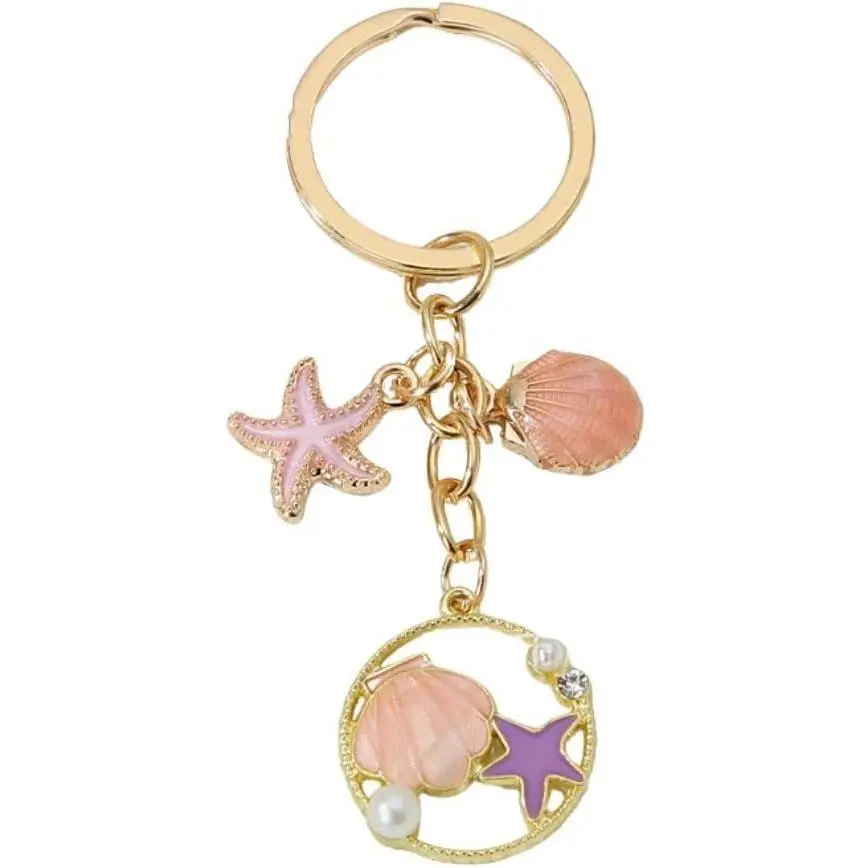 Enameled Alloy Keychain for Women, Cute Beach Theme with Seashell & Starfish Animal Charms, Tassel Bag Charm, Anniversary Sister Gift