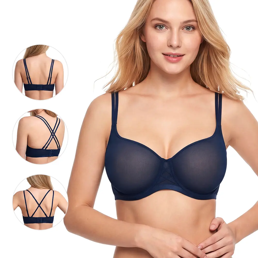 HSIA Lyra Summer Airy Seamless Unlined Sheer Mesh See Through Demi Breathable Underwire Balconette Bra with Convertible Double Straps 3 Ways to Wear DIY Back Design Bra for Small Bust Women