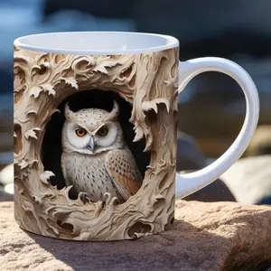 2D Falt Owl Ceramic Coffee Mark Cup, Tea Cup, Cute Broken Wall Pattern Eid Al-Adha Mubarak, Best Gifts For Friends And Family At Christmas Mug Stylish Drinkware Beverage