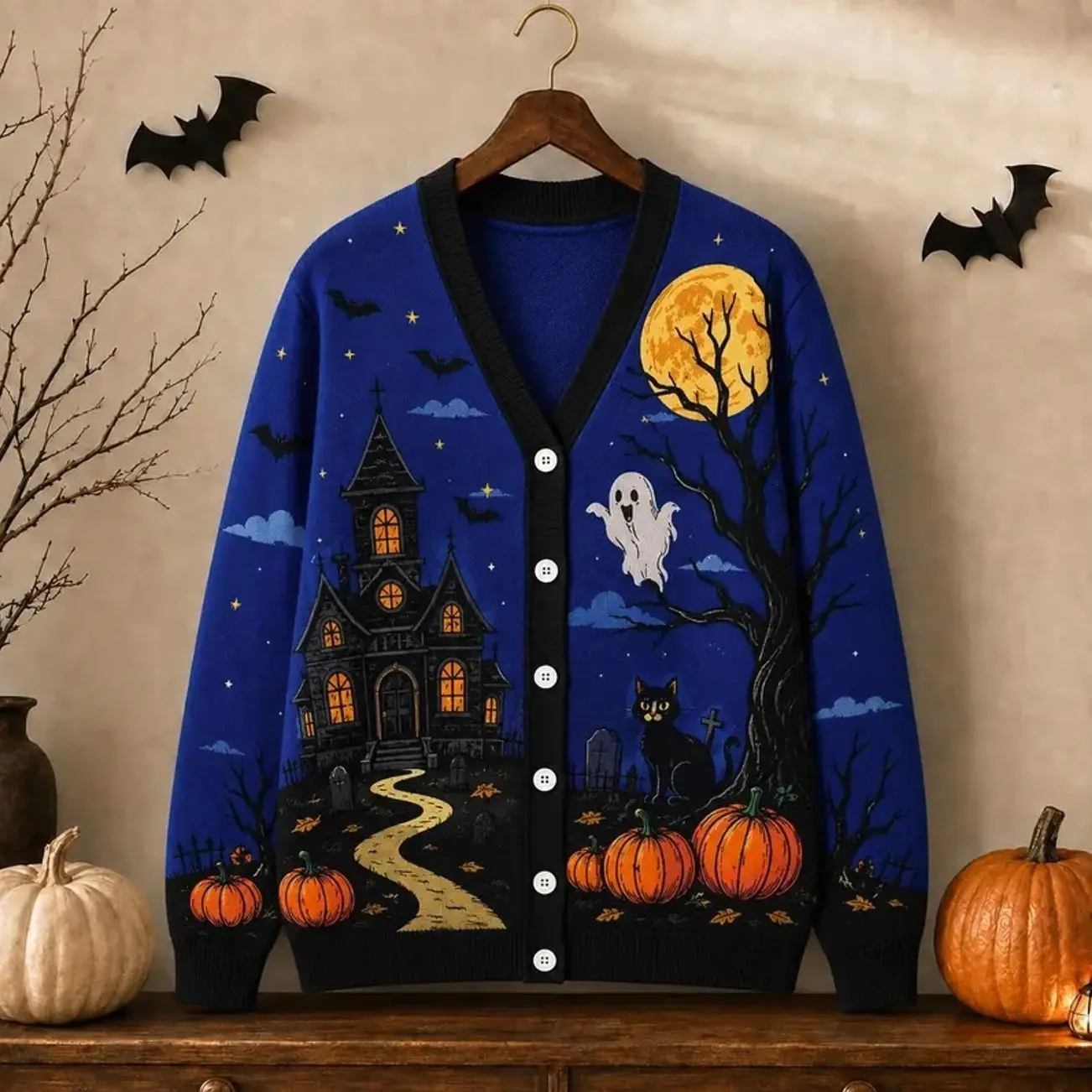 Royal Blue Halloween Cardigan Jacket, Haunted House Ghost Cat, Full Moon Pumpkin Night Scene