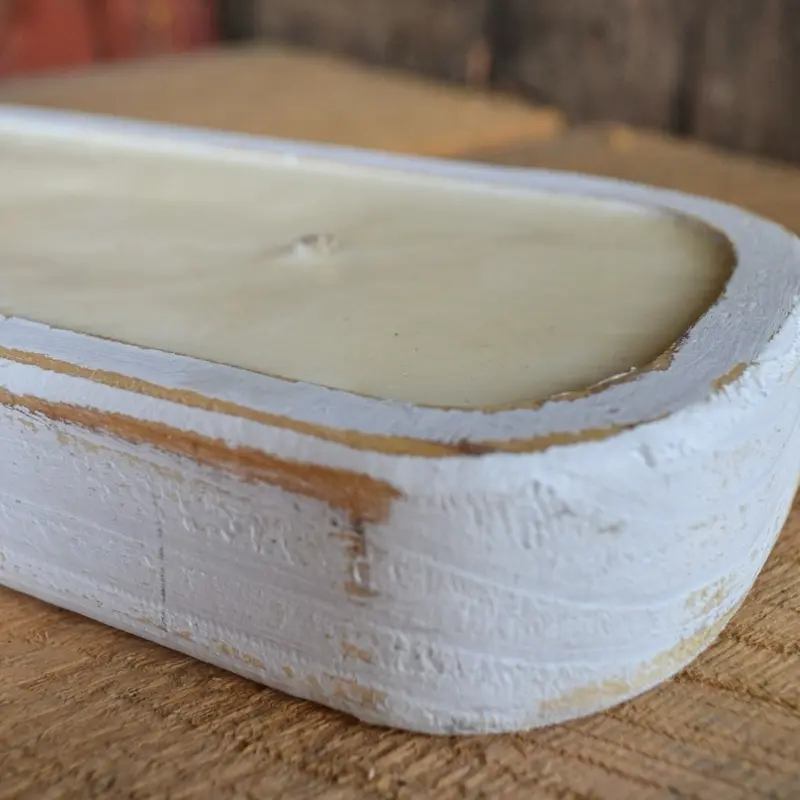 White Distressed Rectangle Dough Bowl Two Wick Candle | Coconut Soy Wax Candle | Handmade Wooden Candle