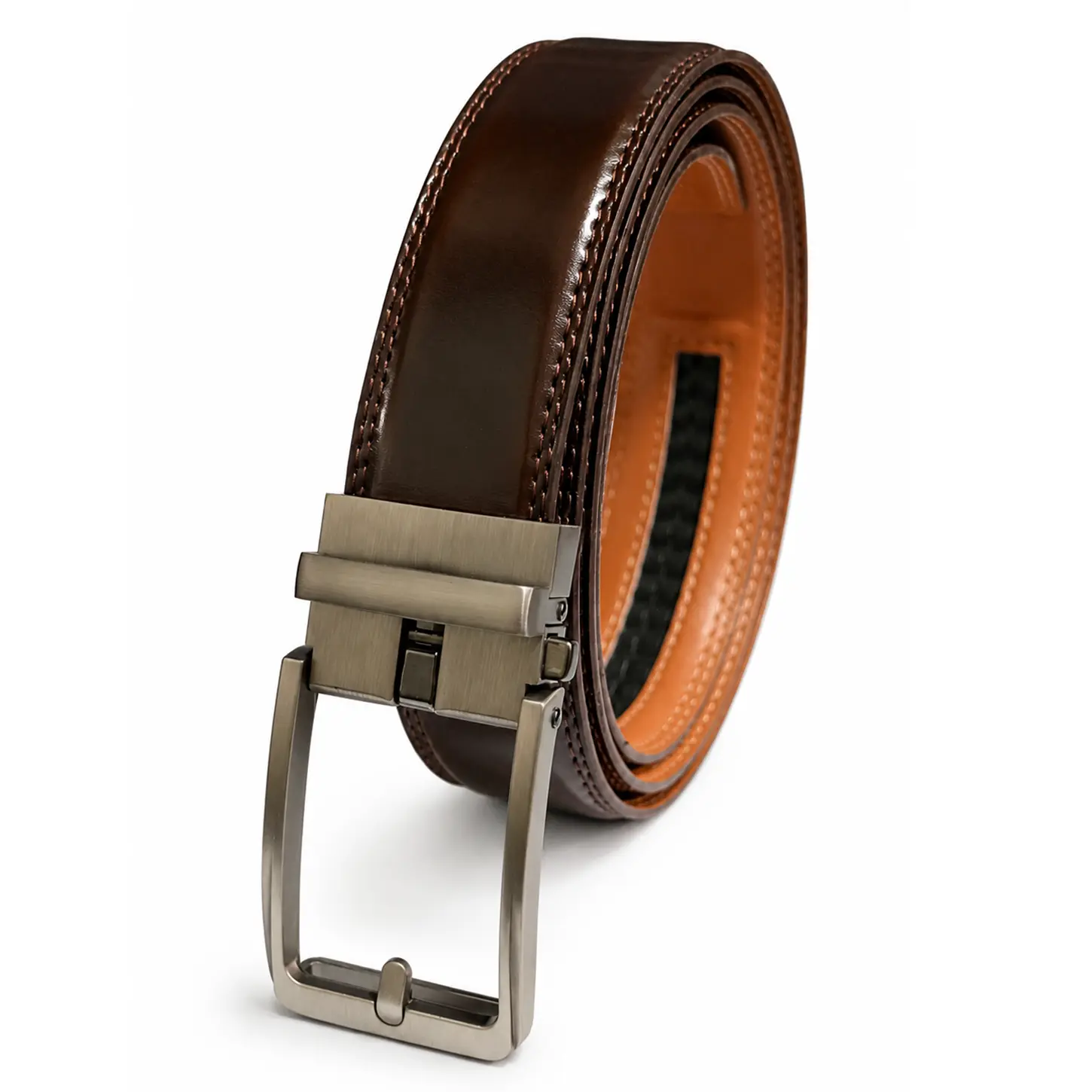 VGQMBU Men’s Split Leather Pin Buckle Style Ratchet Belt, Adjustable Automatic Buckle No-Hole Belt, Trim-to-Fit Business Casual Waist Belt