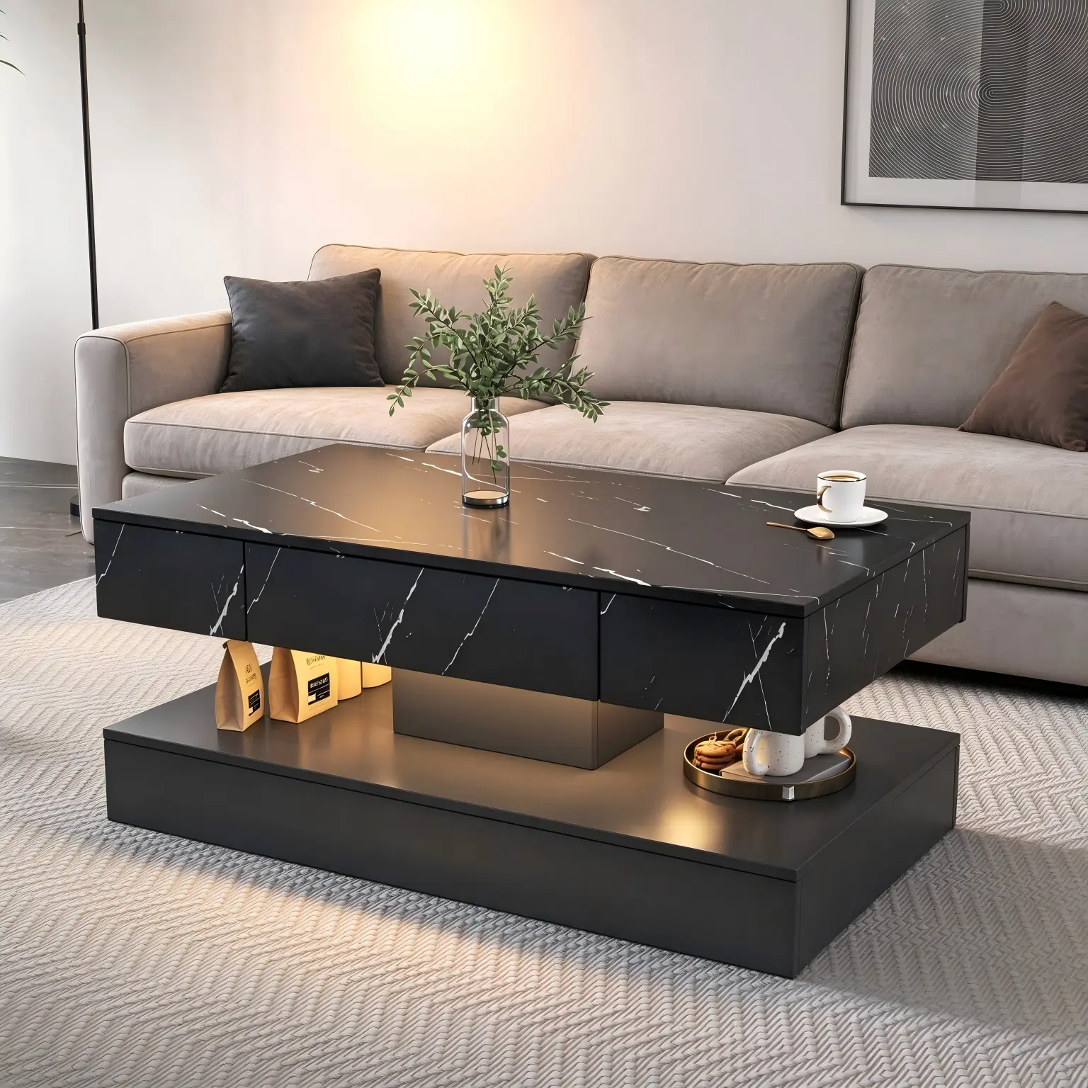 Modern LED Coffee Table with Storage Drawers, 16.93" High RGB Light Coffee Table with Remote Control, Marble Grain Living Room Table for Home Office Reception，Black