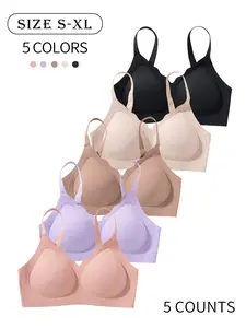 5 Pack / 5 colors High-quality Minimalist seamless jelly women's underwear bra Four-row three-hook adjustable straps With underwire support, gathers and shapes beautiful back XS-XL Comfortable, skin-friendly, soft Daily casual sports seamless bra