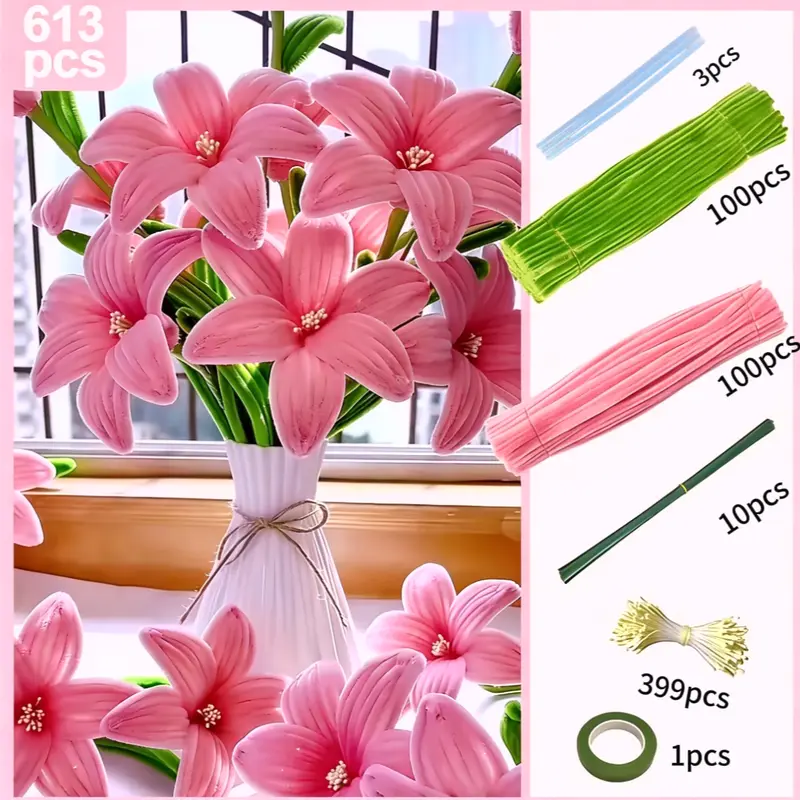 5-Color Multicolor Pipe Cleaners Comprehensive DIY Craft Assembly Kit - 613pcs Assorted Sizes Set, 399pcs Twist Rods, 100pcs Flower-Like Twists, Family Tulip Craft Project Ornaments, Party Decorations Supplies
