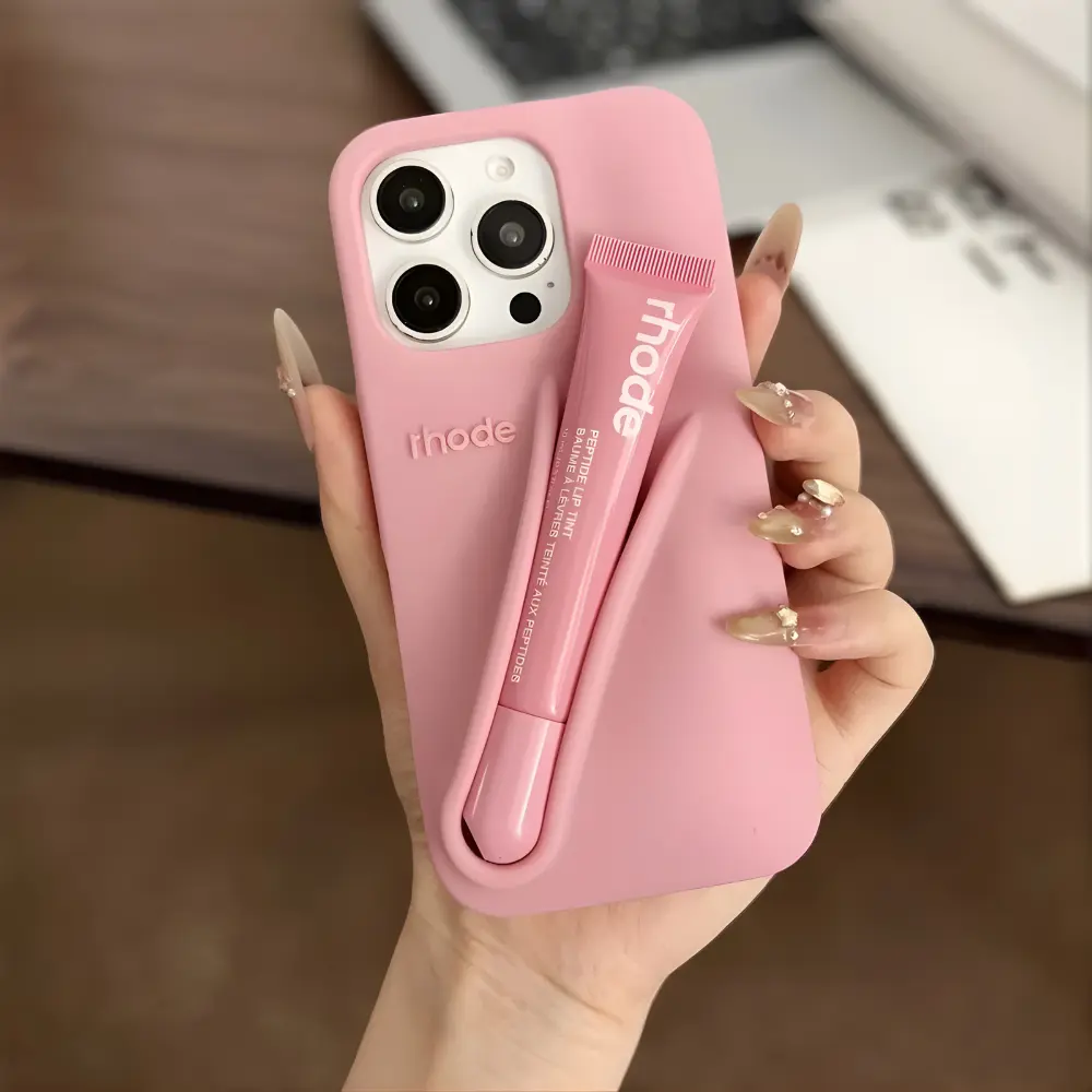 Rhode Beauty Carry Phone Case for iPhone 11-17 Pro Max, Silicone Cover with Built In Lip Gloss Holder