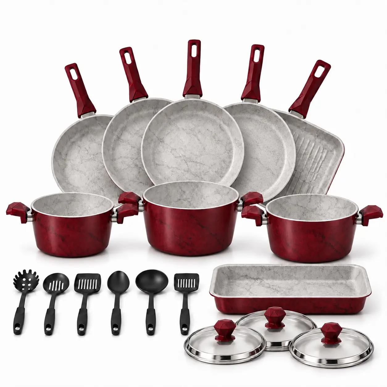 Nouval 18-Piece Heavy-Duty Nonstick Cookware Set – Burgundy Marble Pots, Stainless Steel Lids, Frying Pans, Grill Pan, Bakeware & Kitchen Utensils