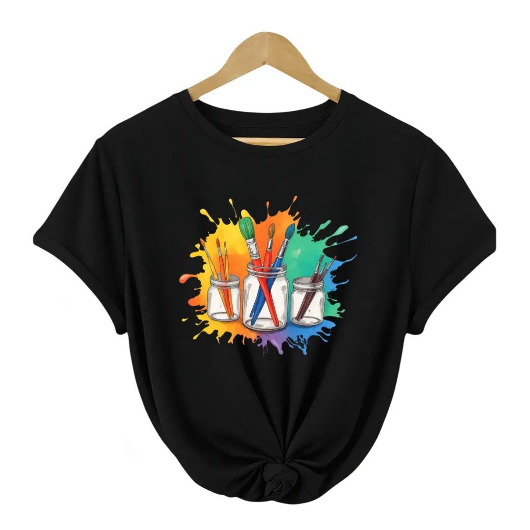 Women'S Artistic Paintbrush And Color Splash Graphic T-Shirt - Black with Multicolor Paint Splatter Design, Casual Round Neck Short Sleeve, Artist Palette-Inspired Casual Attire for Painting Classes And Creative Outfits