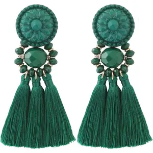 Bohemian Tassel Chandelier Earrings for Women – Statement Thread Drop Dangle Earrings with Cassandra Button Stud