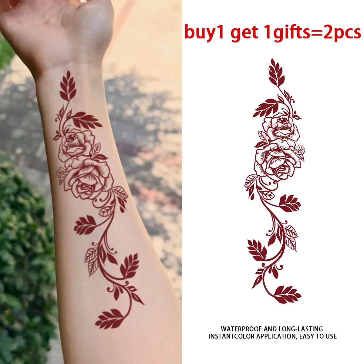 Henna Red Rose Vine Series Temporary Tattoo Stickers - 2 Sheets Semi-Permanent Waterproof Realistic Fake Henna Tattoos, Single Item for Women, All Skin Types Ideal for Swimming, Party
