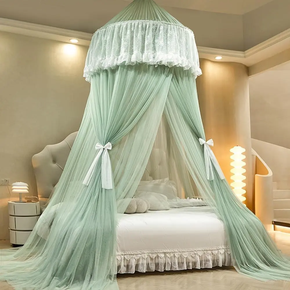 Round Dome Lace Princess Bed Canopy for Girls & Adults, Cute Double Layer Netting Canopy Drapes for Decoration, Playing, Reading and Sleeping, Green