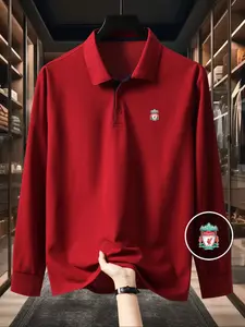 Men's Solid Color Long Sleeve Polo Shirt, High-End Fashion Fabric, Casual Sports Leisure Wear, All Seasons, Liverpool Football Team Logo