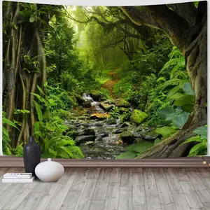 Green Rainforest Tapestry Nature Forest Tapestry for Bedroom Aesthetic Misty Tropical Jungle Trees Flowing Stream Landscape Tapestries Wall Hanging for Living Room Dorm Decor Gift