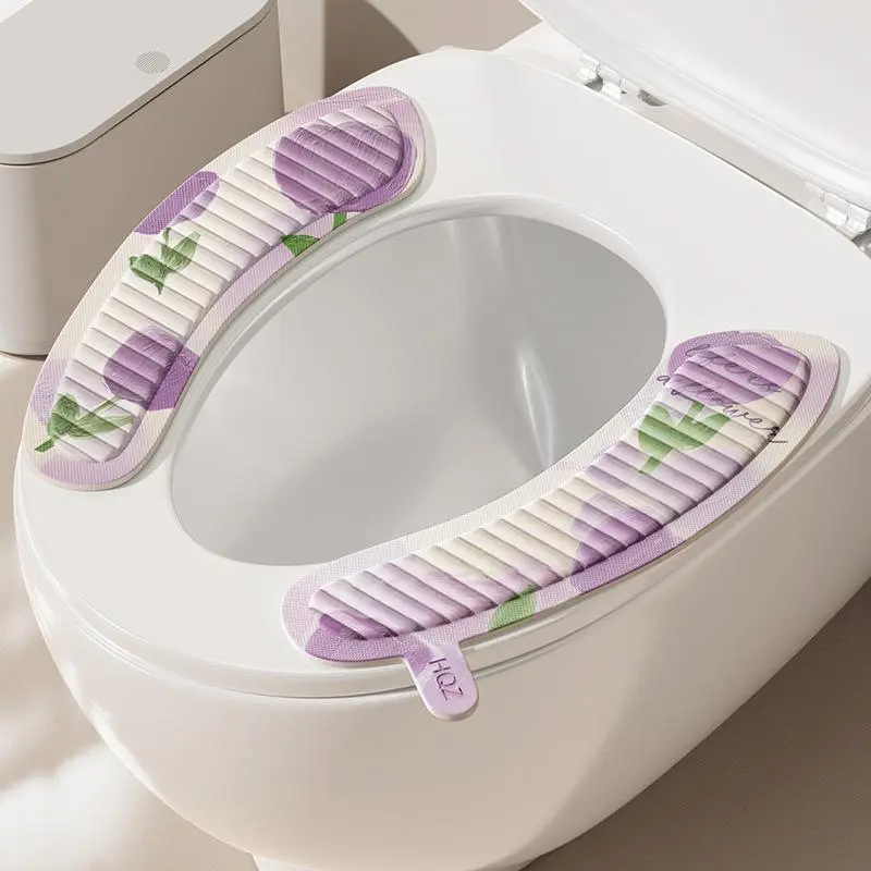 2027 Summer 1 Set (2pcs) Wash-Free Toilet Additions Oil Painting Purple Tulip Design, Soft & Comfortable Premium EVA Material, Durable & Scratch-Resistant Non-Slip Vertical Striped Surface Bathroom Seat Cushion, Toilet Cover, Toilet Ring