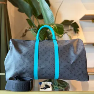 Pre-owned Louis Vuitton Coated Canvas Travel Bags Reverse Monogram Eclipse Keepall Bandouliere 55 Torquoise