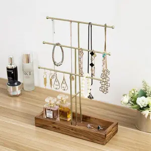 Brass Metal Jewelry Stand w/ Acacia Wood Ring Tray