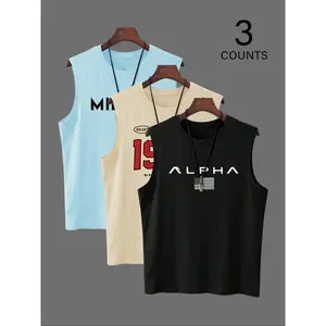 Men's letter and flag printed round neck vest, regular fit sports quick drying breathable vest, gym workout running casual sleeveless top, sportswearRAIMENTRY