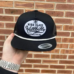 High Class Hillbilly Rope Trucker Hat - Black, Adjustable Fit, Adjustable Closure, Made in Poland, Est. 2022