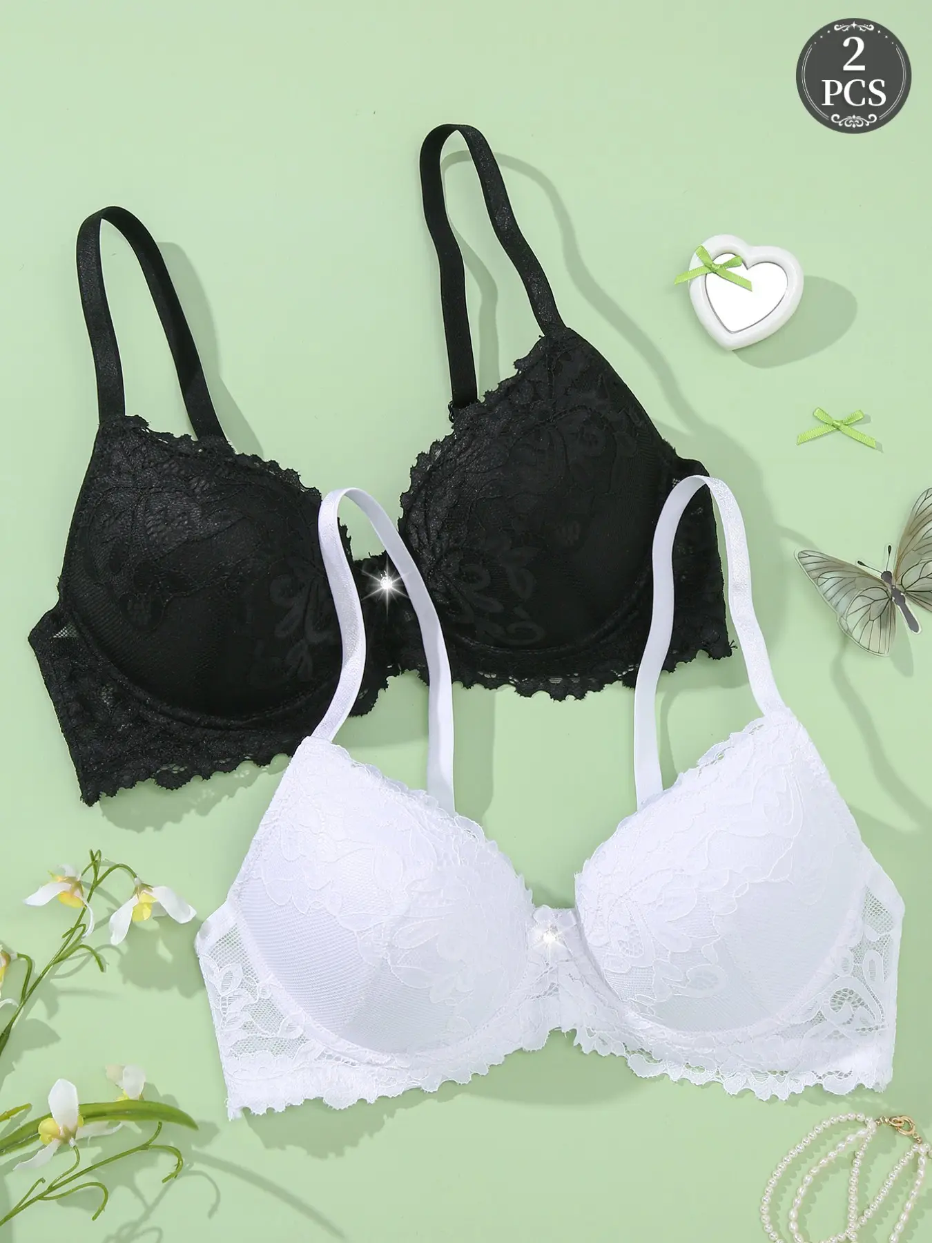 2PCS Women's Lace Push Up Bra , Underwire Medium Support Lifting Anti‑sagging Minimizer Bra ，Chic, Elegant, Buttery Soft ,Adjustable Straps,Lace Backless, everyday Wear, Floral Lingerie Fit Underwear