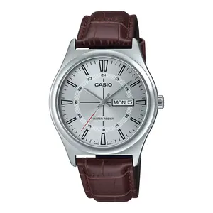 Casio Men’s Silver Dial Day Date Analog Watch with Brown Leather Strap - MTP-V006L-7CUDF