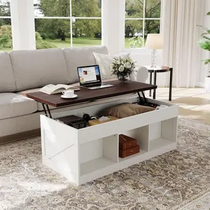 Brown Rectangle Hydraulic Lift Top Coffee Table with Hidden Storage, Farmhouse Industrial Style Accent Table, Sturdy Wood & Metal Construction, Safe Lift Mechanism, for Living Room Office