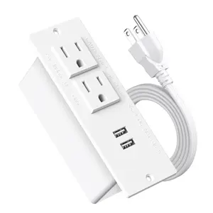 Small Size Recessed Flush Mount Power Strip with 2 AC Outlets 2 USB Ports Surge Protector 4.92FT Cord for Hotel Office Home