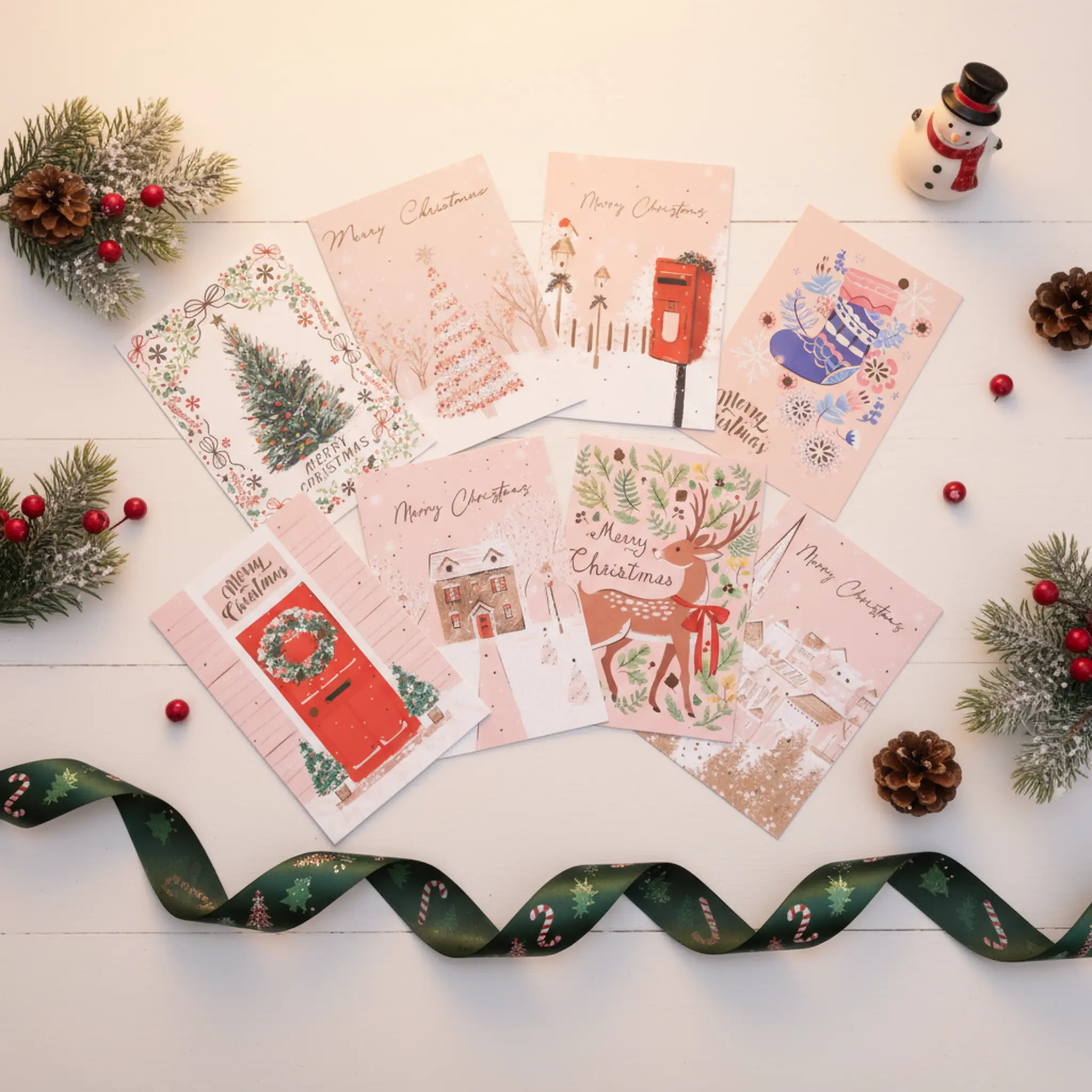 Luxury Pink Christmas Card Set of 8 | Large 7.48x5.11 inch Foil-Stamped Holiday Cards with Envelopes | Elegant Shiny Design, Premium Gift Greeting Set